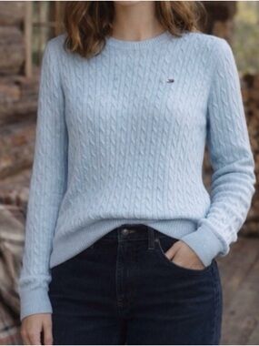 Tommy Hilfiger Light Blue Cable Knit Cotton Sweater L Classic Prep